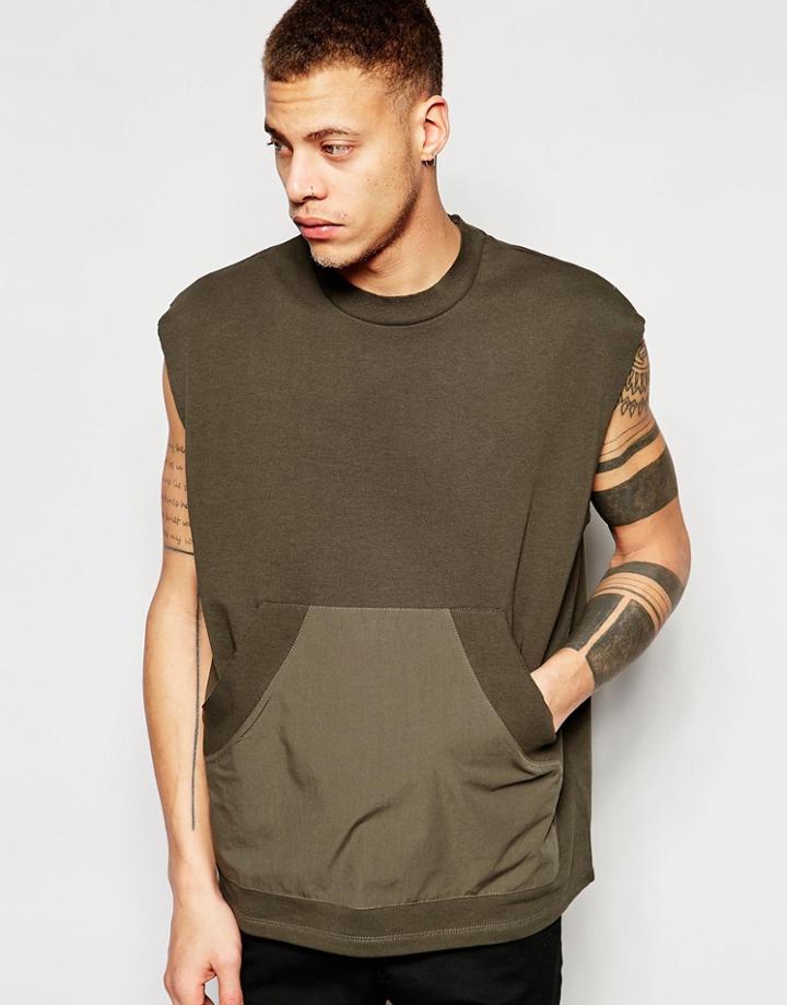 Asos Oversized Sleeveless Sweatshirt With Woven Pocket In Khaki - Green