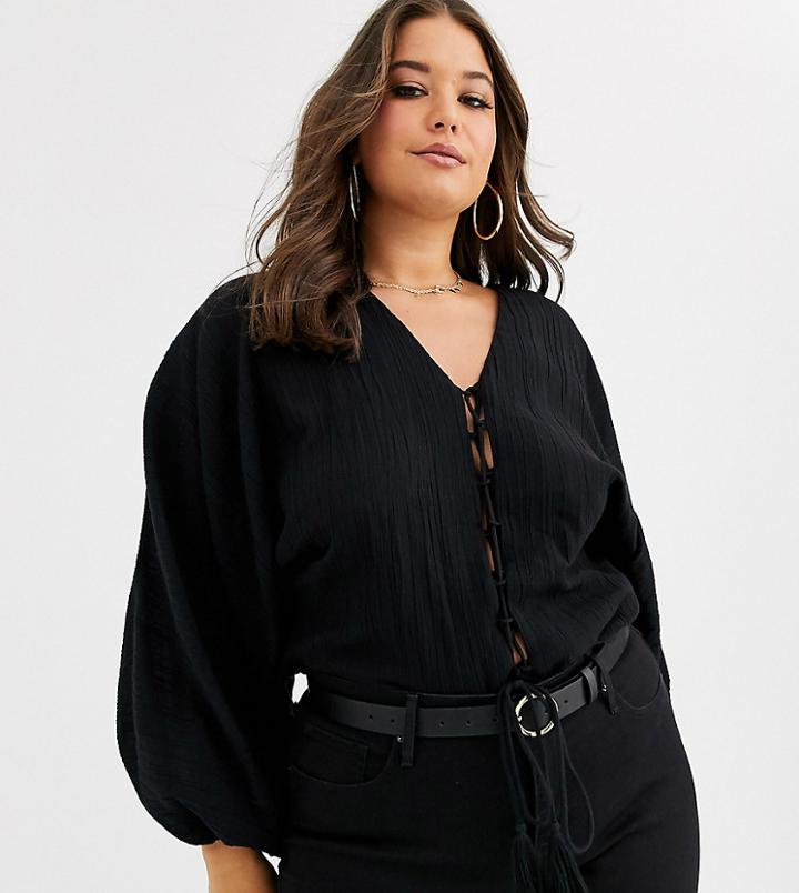 Asos Design Curve Long Sleeve Top With Tie Front In Natural Crinkle-black