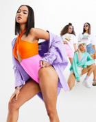Asos Design Cross Neck Swimsuit In Pink And Orange Color Block