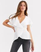 Asos Design Short Sleeve Wrap Top With Cape Detail And Contrast Tie - Clear