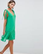 Silver Bloom Tie Shoulder Swing Dress With Embellished Back Bar - Green