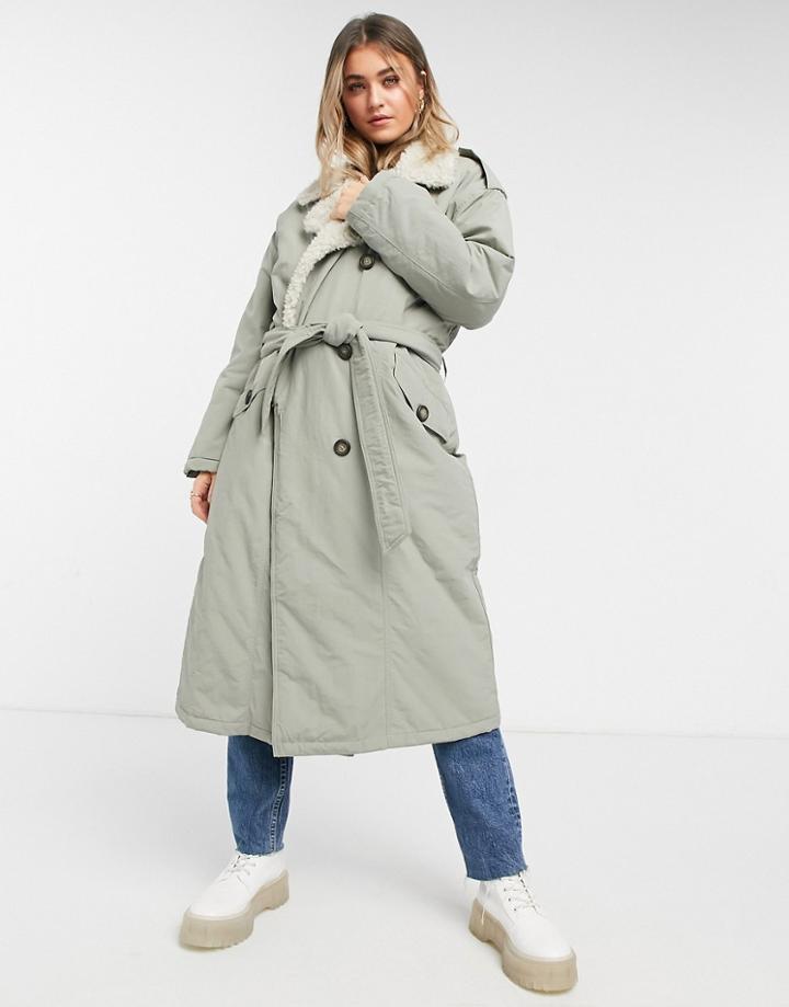 Asos Design Borg Spliced Trench Coat In Sage-green