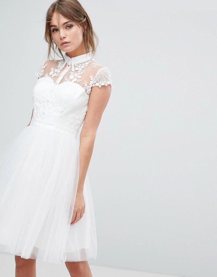 Chi Chi London Mini Tulle Skater Dress With Lace Collar - White