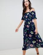 Brave Soul Lavender Off Shoulder Midi Dress In Floral Print - Navy
