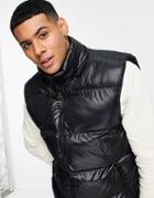 Brave Soul Shiny Puffer Vest With Hood In Black