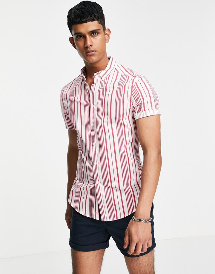 Asos Design Stretch Slim Red Stripe Shirt With Button Down Collar-white