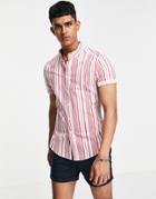 Asos Design Stretch Slim Red Stripe Shirt With Button Down Collar-white