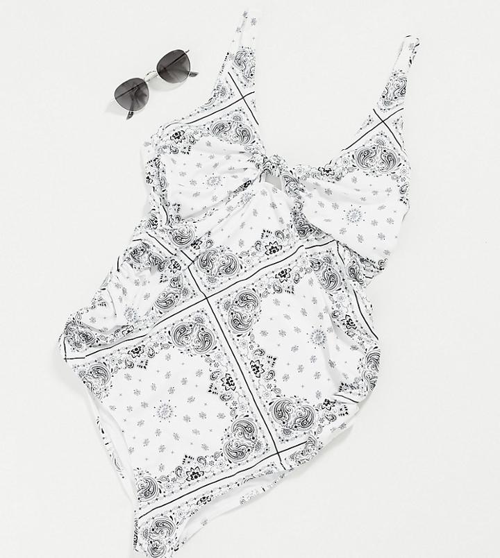 Asos Design Maternity Knot Front Swimsuit In White Bandana Print-multi