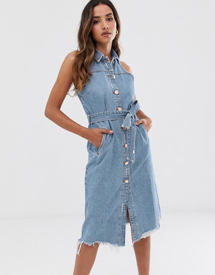 River Island Midi Shirt Dress With Belt In Mid Wash-blue