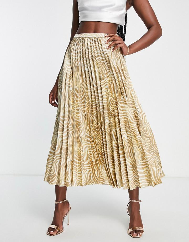 Asos Design Satin Pleated Midi Skirt In Beige And White Zebra Print-multi
