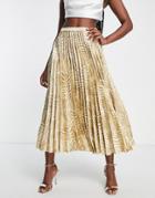 Asos Design Satin Pleated Midi Skirt In Beige And White Zebra Print-multi