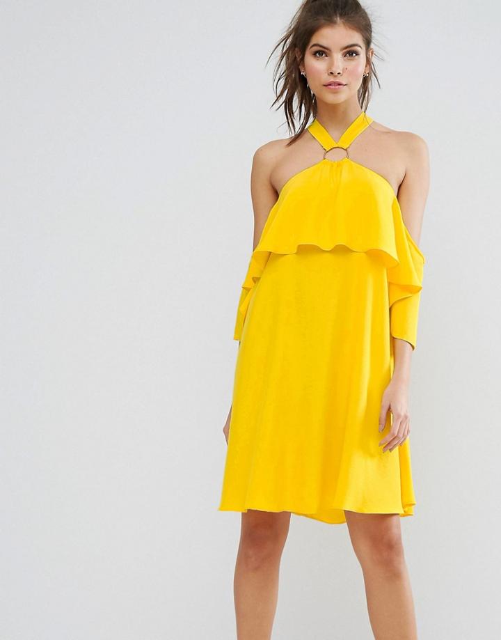 Asos Soft Halter Mini Dress With Eyelet - Yellow