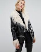 Neon Rose Longline Biker Jacket In High Shine Vinyl With Faux Mongolian Fur - Black