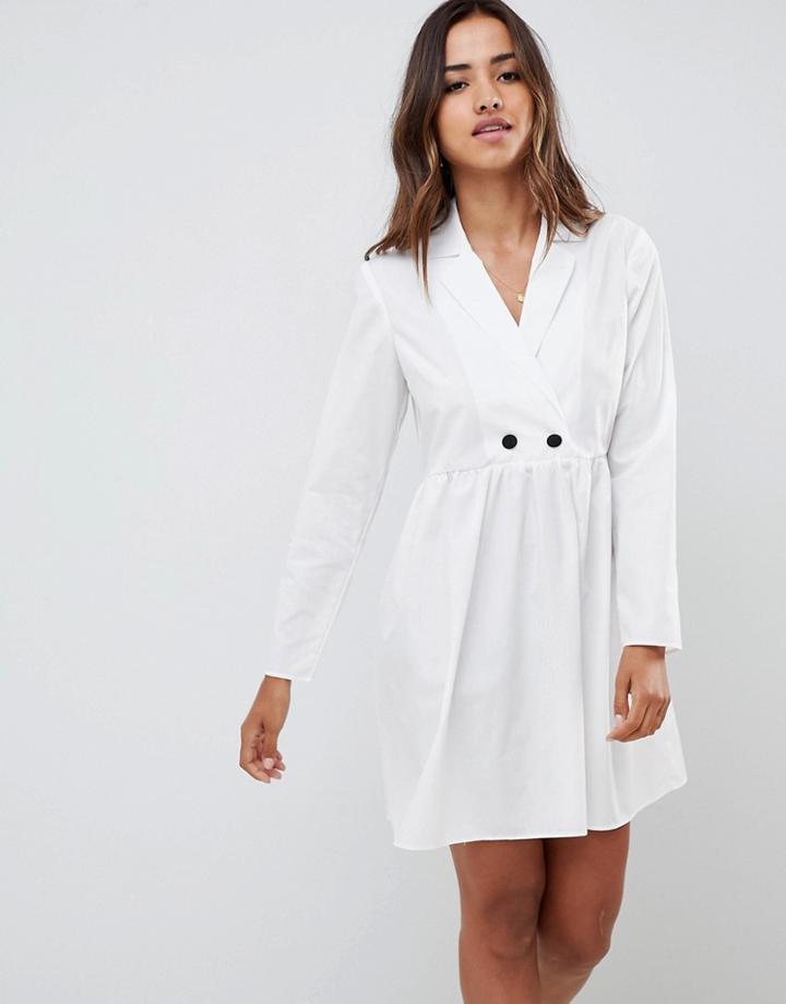 Asos Design Cotton Smock Mini Dress With Long Sleeves-white