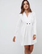 Asos Design Cotton Smock Mini Dress With Long Sleeves-white