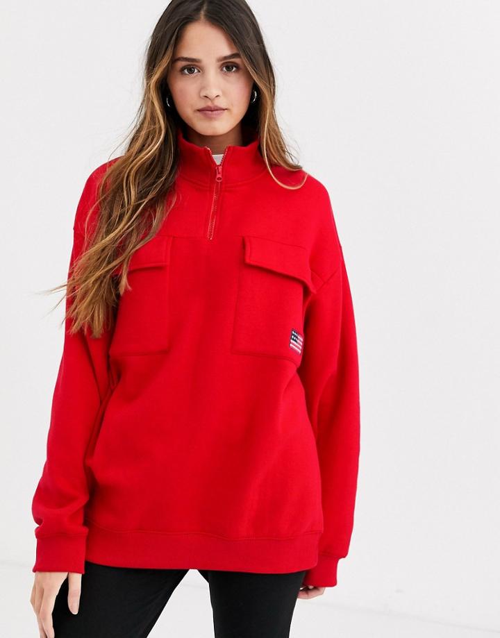 Daisy Street Half Zip Sweatshirt With Utility Pockets And Flag Embroidered Badge