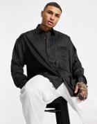Asos Design Oversized Satin Shirt With Dip Back Hem In Recycled Polyester In Black - Black