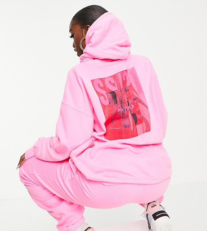 Asyou Branded Set Hoodie With Graphic In Neon Pink