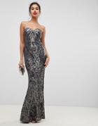 Bariano Embellished Patterned Sequin Sweetheart Bandeau Maxi Dress In Charcoal - Gray