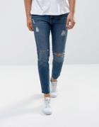 Mango Man Ripped Skinny Jeans With Raw Hem In Mid Wash - Blue