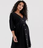 Asos Design Maternity 3/4 Sleeve Smock Dress With Buttons And Waist Panel-black