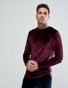 Asos Longline Muscle Long Sleeve T-shirt With Curve Hem In Oxblood Velour - Red