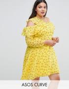 Asos Curve Cold Shoulder Ruffle Tea Dress In Dobby Ditsy Print - Multi