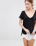 Vila V Neck T-shirt With Lace Trim - Black