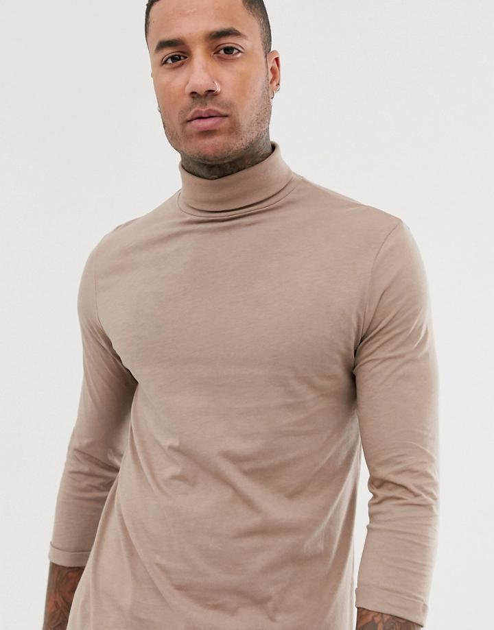 Asos Design T-shirt With 3/4 Sleeve With Roll Neck In Beige