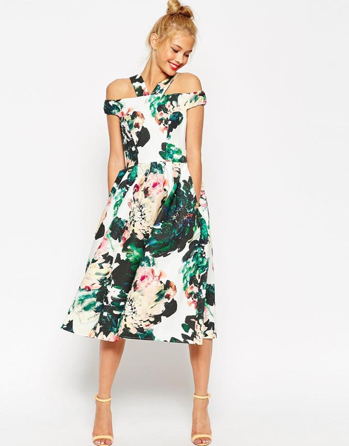 Asos Midi Prom Dress In Large Bright Floral - Multi