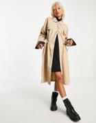 Noisy May Drawstring Waist Midi Trench Coat In Beige-neutral