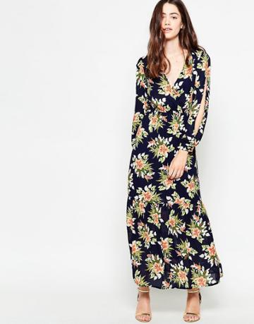 Mela Loves London Tropical Print Long Sleeve Maxi Dress - Navy