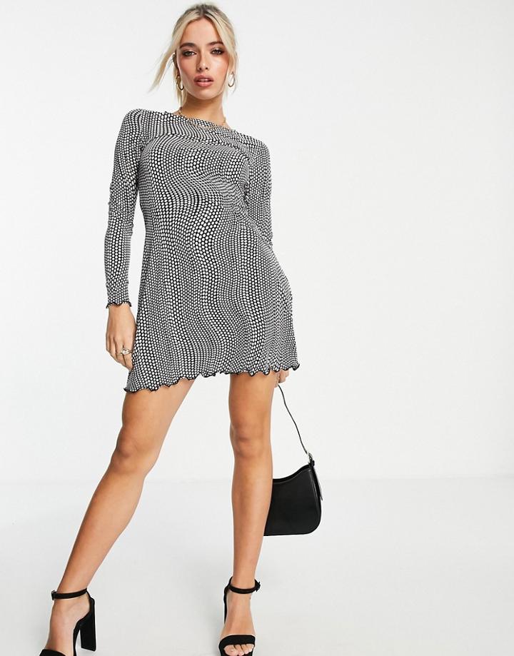 Stradivarius Long Sleeve Mini Dress In Retro Mono Dot-multi