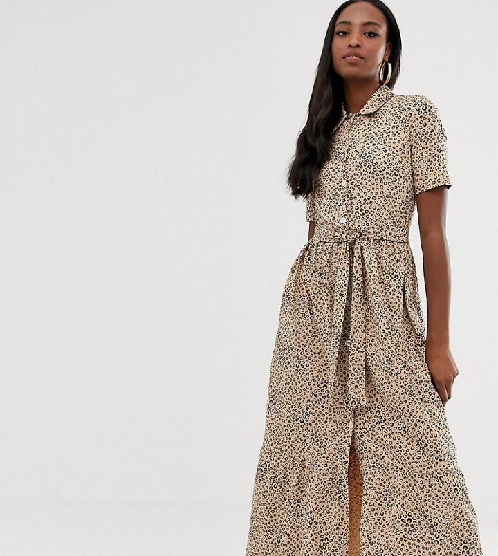 Asos Design Tall Midi Shirt Dress With Belt In Leopard-multi
