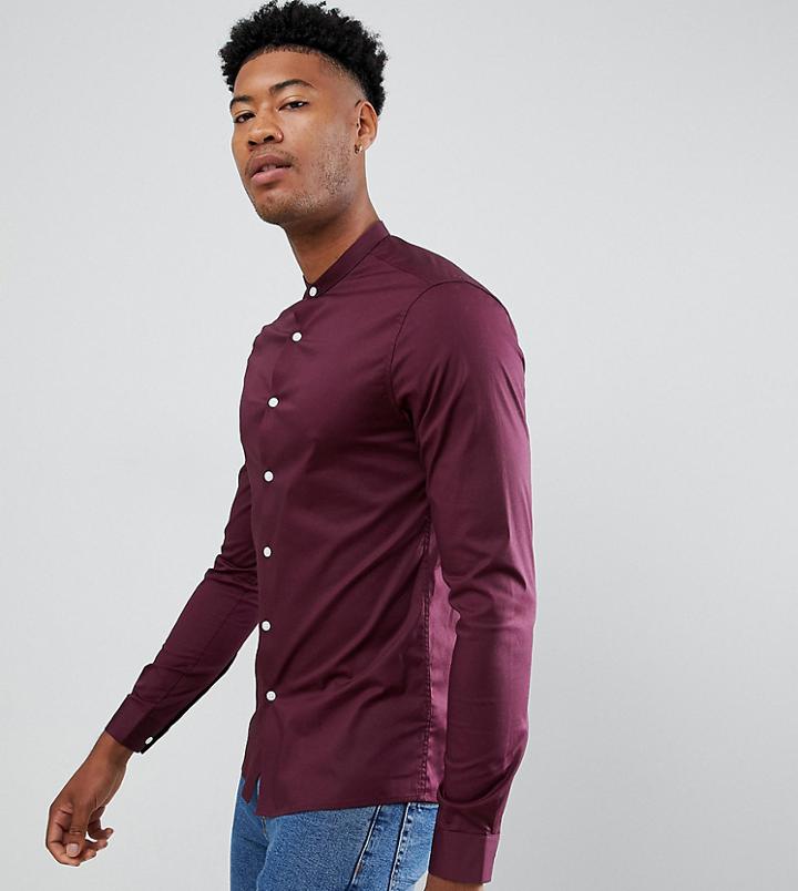Asos Design Tall Skinny Shirt With Grandad Collar In Burgundy-red