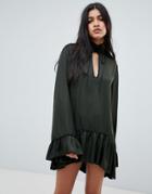 One Teaspoon Tie Neck Dress With Ruffle Hem And Cuff - Green