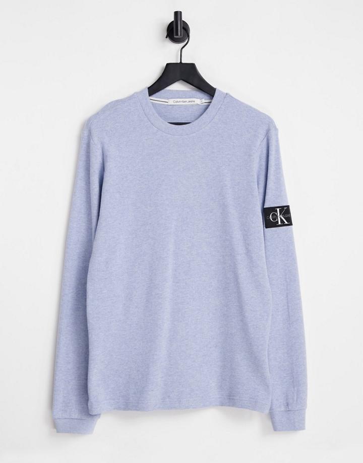 Calvin Klein Jeans Monogram Badge Waffle Long Sleeve Top In Light Blue