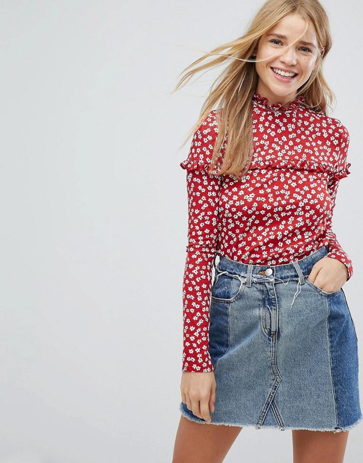 Nobody's Child High Neck Blouse In Floral With Frill Detail - Red
