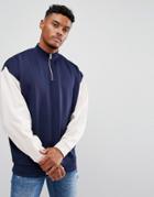 Asos Half Zip Poly Tricot Sweatshirt With Contrast Sleeves - Navy