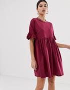 Asos Design Cotton Slubby Frill Sleeve Smock Dress - Red