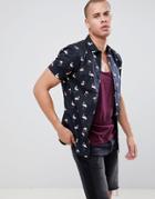 New Look Muscle Fit Shirt With Flamingo Print In Black - Black