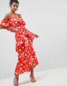 Asos Design Senorita Floral Print Tiered Frill Halter Maxi Beach Dress - Multi