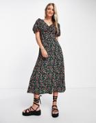 New Look Ruched Bust Puff Sleeve Midi Dress In Black Strawberry Print