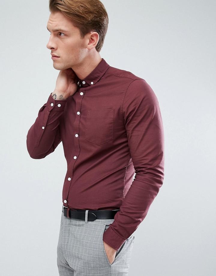 Asos Casual Skinny Oxford In Burgundy - Red