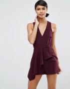 Asos Sleeveless Wrap Front Romper With Ruffle - Red