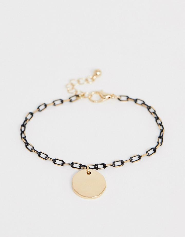 Asos Design Bracelet In Delicate Open Link Chain With Black Detail And Disc Charm In Gold Tone - Gold