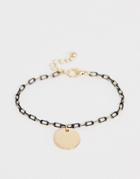 Asos Design Bracelet In Delicate Open Link Chain With Black Detail And Disc Charm In Gold Tone - Gold