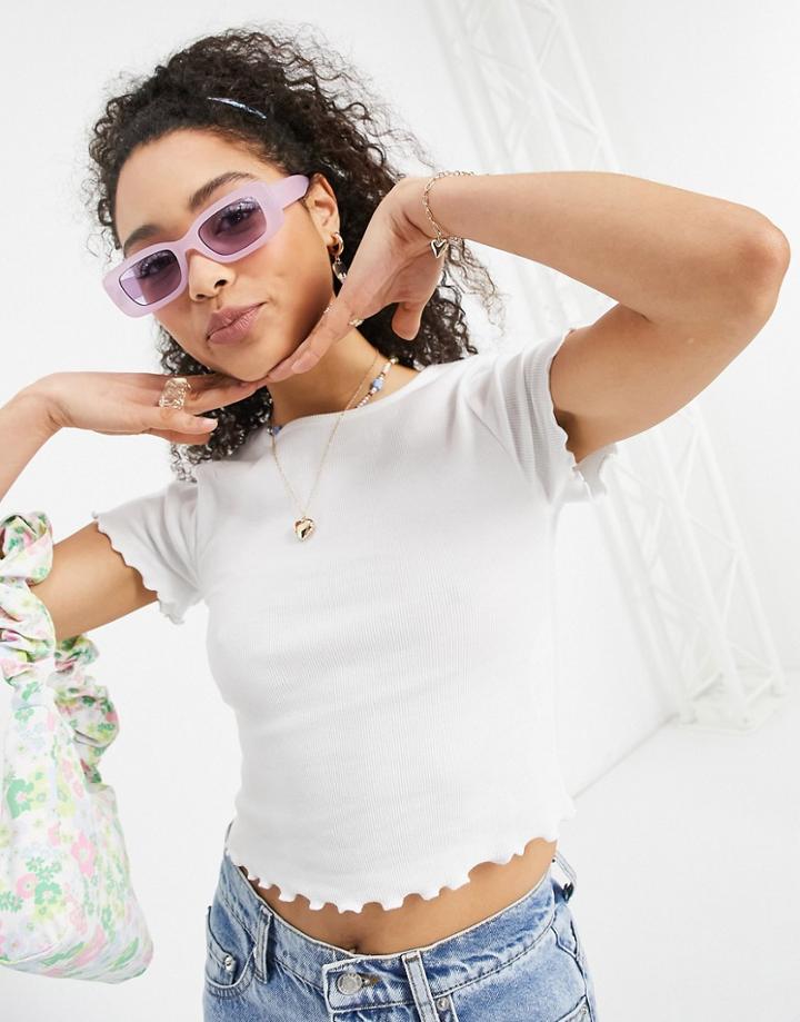 Asos Design Crop Fitted T-shirt With Lettuce Edge In White
