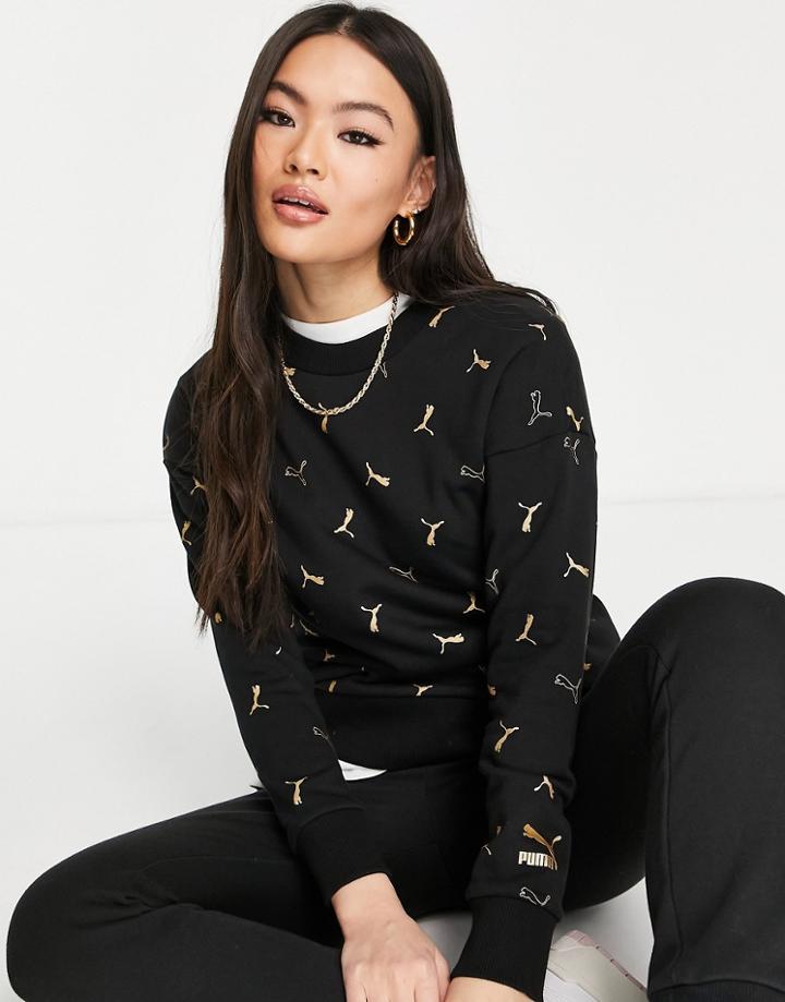 Puma Classics All Over Logo Print Sweatshirt In Black And Gold