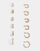 Asos Design Pack Of 6 Hoop Earrings In Essential Mixed Texture And Crystal In Gold Tone
